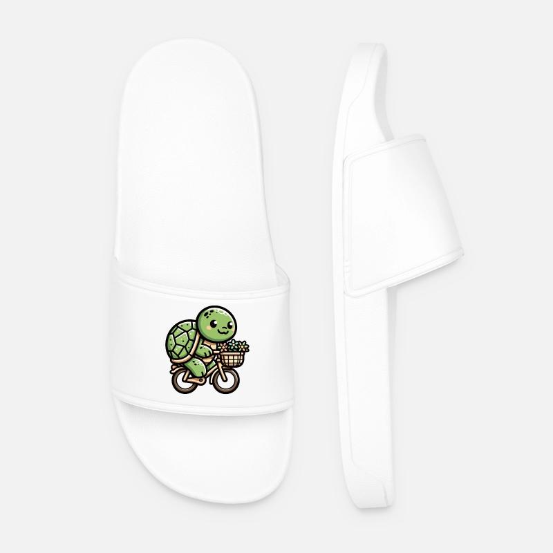 Cute Turtle Bicycle Design - Men’s Pool Sliders - white