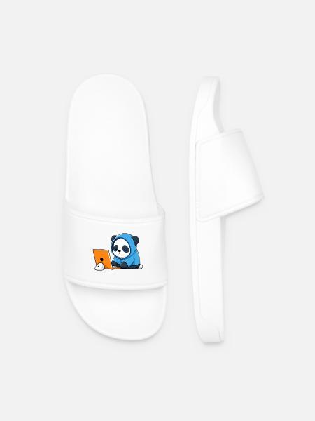 Cute hacker Panda sleeps in a hoodie in front of the PC - Men’s Pool Sliders - white