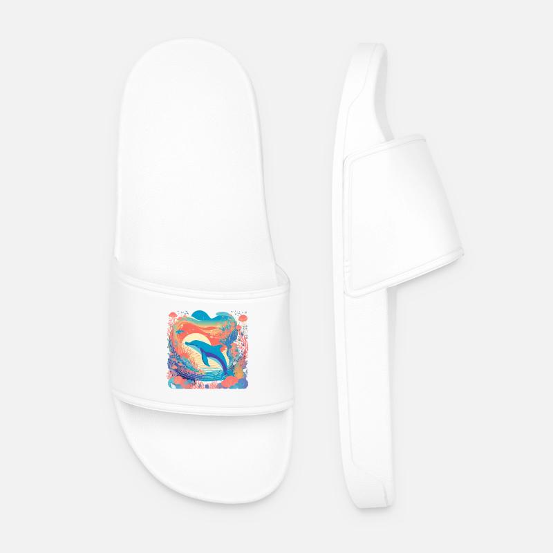 Underwater Rainbow Dolphin - Men’s Pool Sliders - white