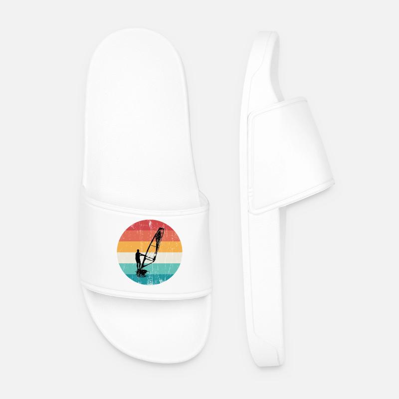 Retro Windsurf Silhouette Over Sunset Stripes - Men’s Pool Sliders - white