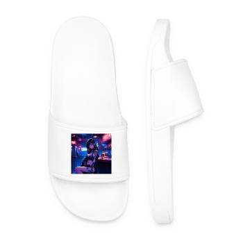 N-dless Nights: Anime cyberpunk girl in a dark bar - Men’s Pool Sliders - white - Front