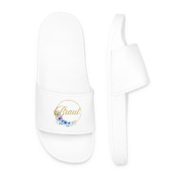 Team Bride! Circle, Floral, Blue, Purple, Gold - Men’s Pool Sliders - white - Front