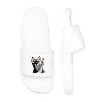 Curious husky puppy and butterfly - Men’s Pool Sliders - white - Front