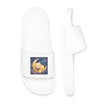 Sleeping cat on moon in starry sky - Men’s Pool Sliders - white - Front