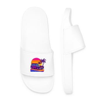Retro Neon Beach Getaway with Surfboard Surf Woody - Men’s Pool Sliders - white - Front