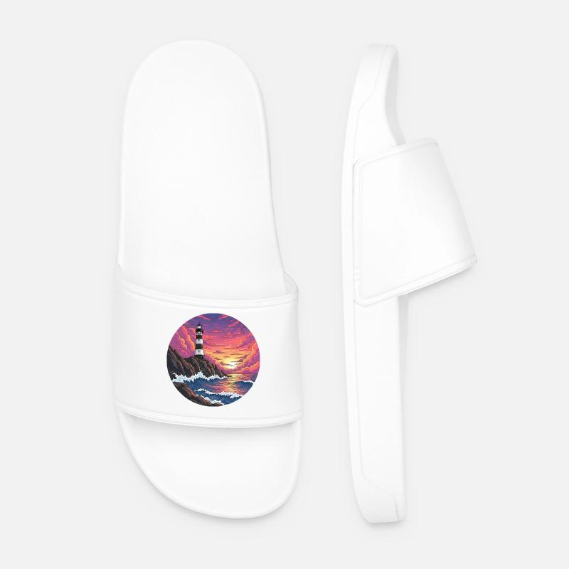 Comic Lighthouse Sea Surf Sunset - Men’s Pool Sliders - white