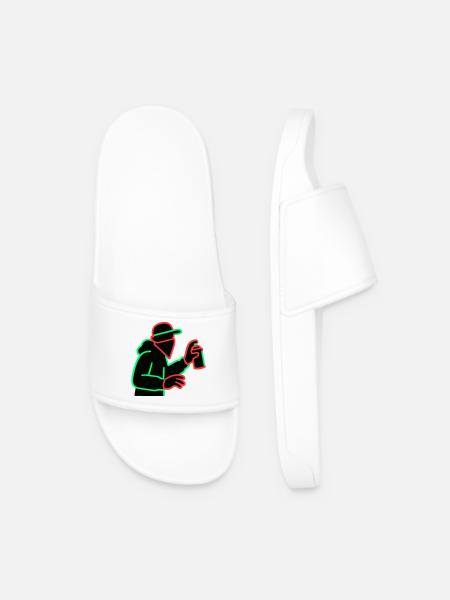 Neon Graffiti Sprayer Silhouette - Men’s Pool Sliders - white