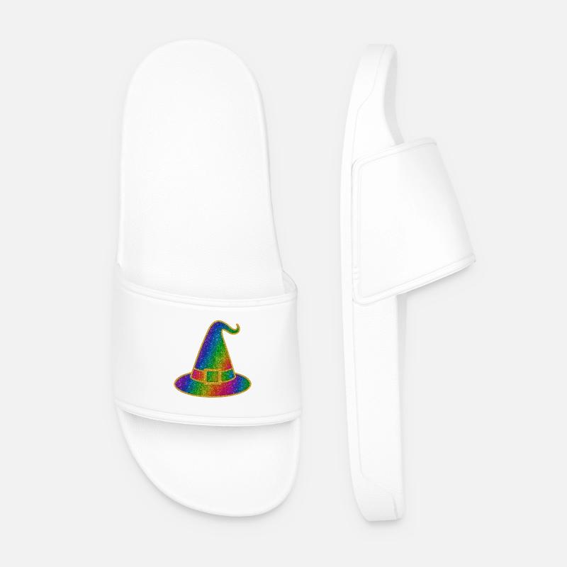 Halloween Rainbow Glitter Witch Hat - Men’s Pool Sliders - white