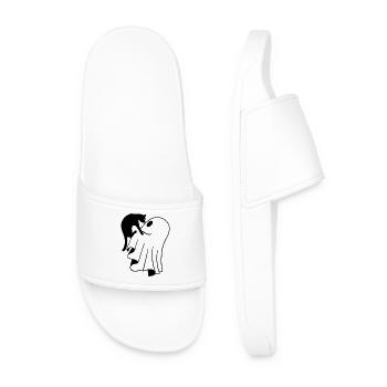 Ghost with Cat Sketch – Child-Friendly Halloween - Men’s Pool Sliders - white - Front