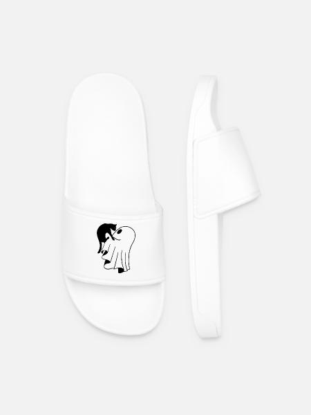 Ghost with Cat Sketch – Child-Friendly Halloween - Men’s Pool Sliders - white