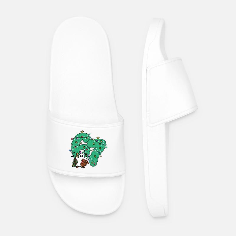 67 number Whimsical Ghost Under Festive Evergreen  - Men’s Pool Sliders - white