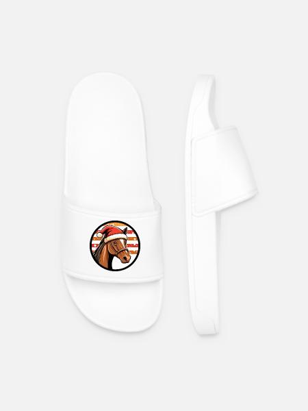 Christmas Horse in Santa Hat - Men’s Pool Sliders - white