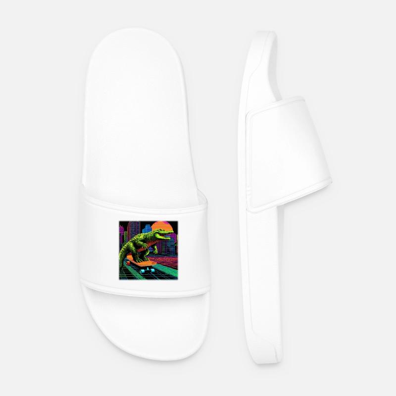 Pixel Art Crocodile – Retro Skater Synthwave - Men’s Pool Sliders - white