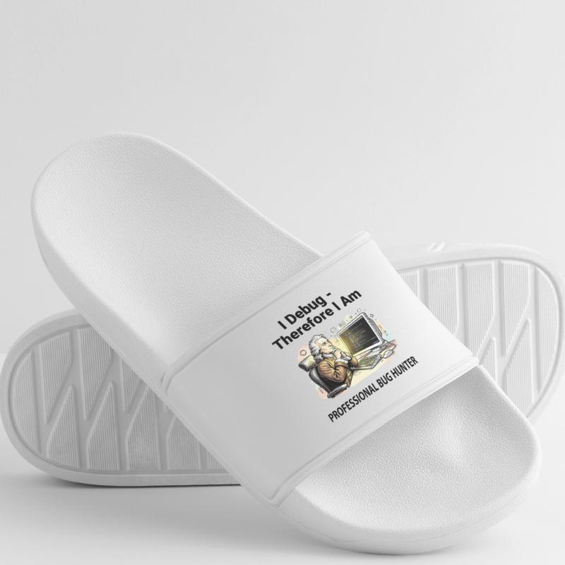 Retro Scholar at Coding Console - light background Men’s Pool Sliders