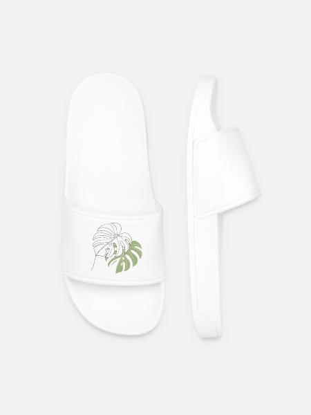 Monstera Leaf Line Art Illustration - Men’s Pool Sliders - white