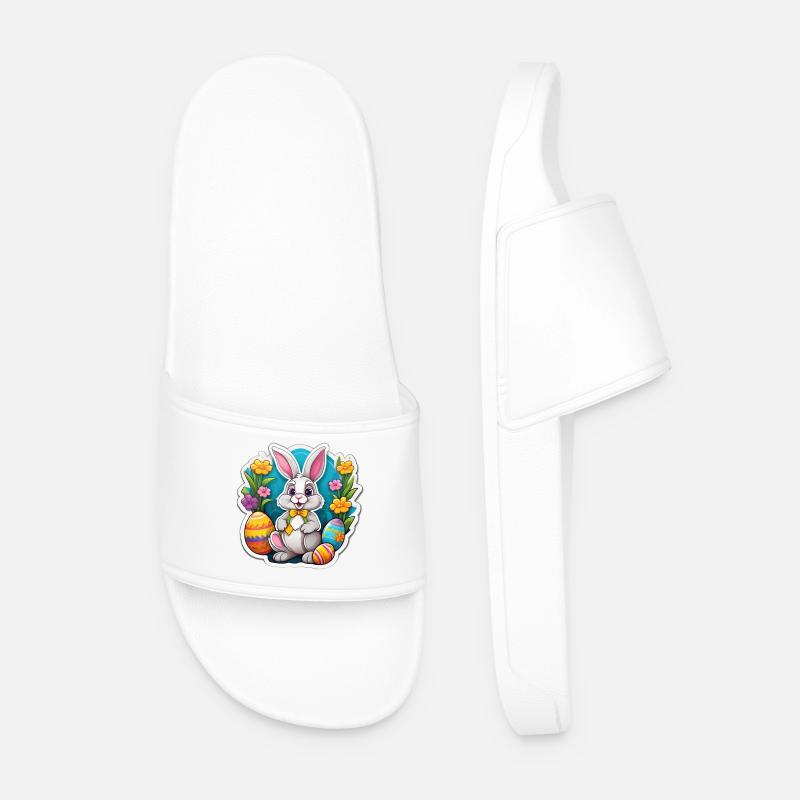 Pastel Easter Bunny and Flowering Eggs - Men’s Pool Sliders - white