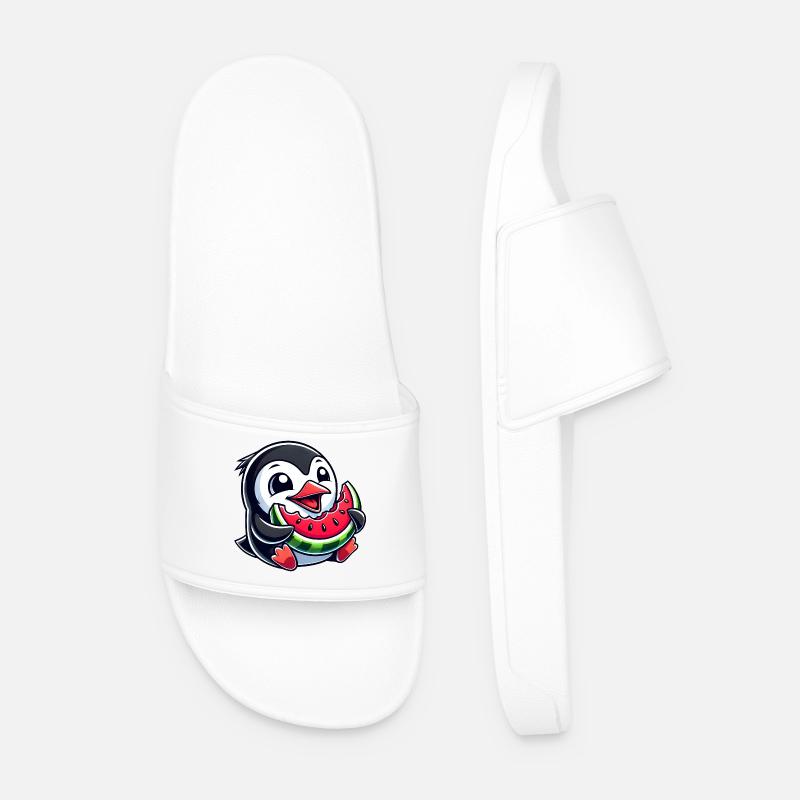 Penguin with Watermelon Summer Fruit - Men’s Pool Sliders - white