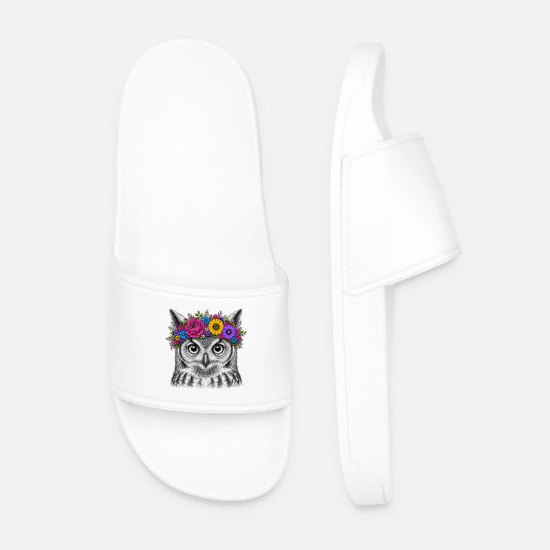 Owl head with flower crown - Men’s Pool Sliders - white