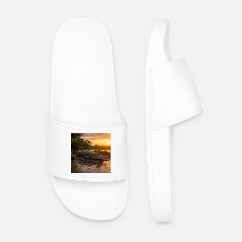 Sunset and crocodile by the river - Men’s Pool Sliders - white