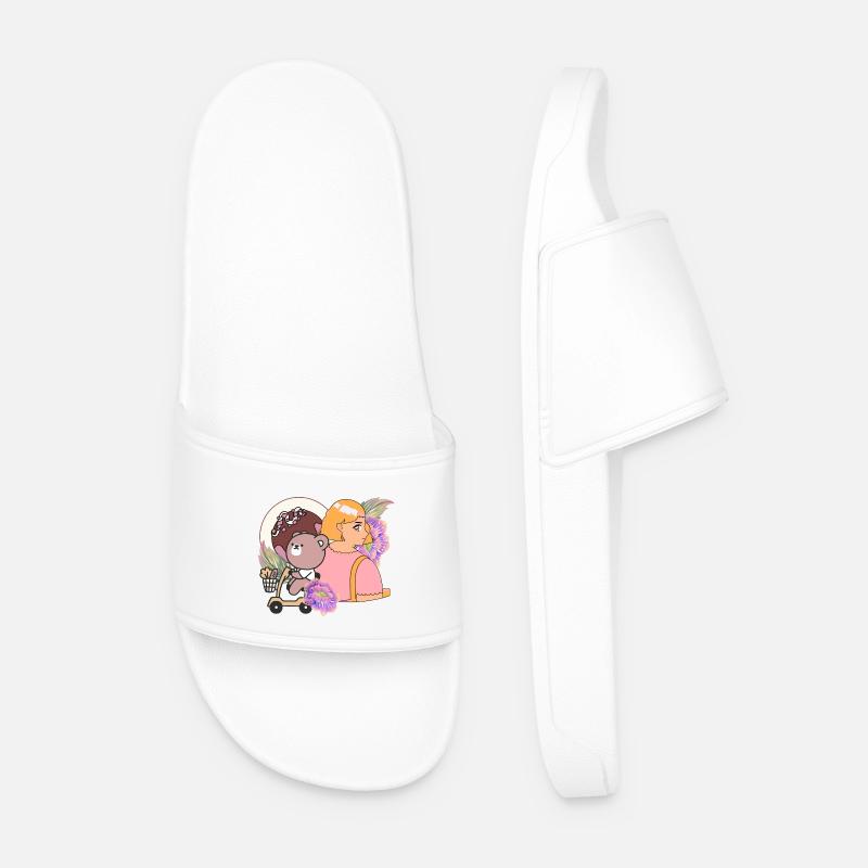 Kawaii Bear on Mobility Scooter & Sweets - Men’s Pool Sliders - white