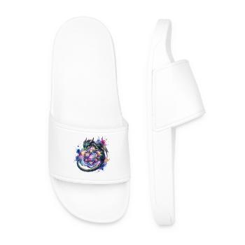 Cute Dragon with D20 Dice – Pen & Paper - Men’s Pool Sliders - white - Front