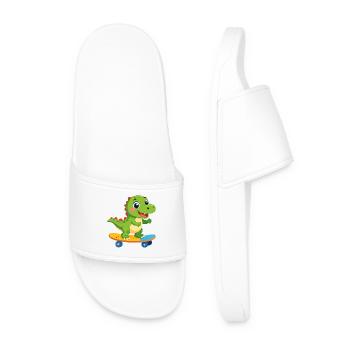 Little Green Dino on Skateboard – Skater Fun - Men’s Pool Sliders - white - Front