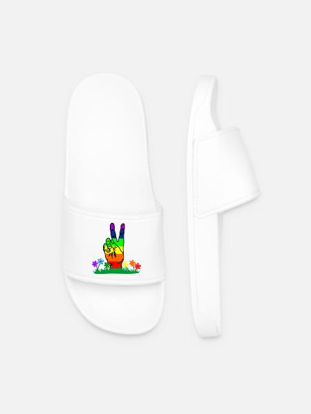 Rainbow hand peace in flowers - Men’s Pool Sliders - white