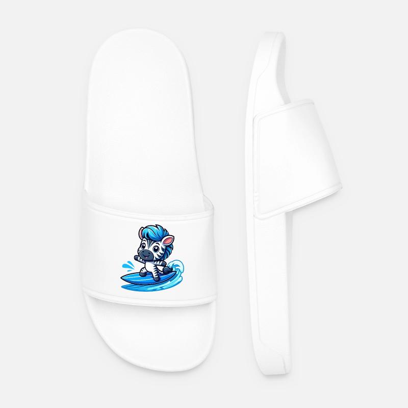 Cute Zebra Surfer Summer Surfboard Cartoon - Men’s Pool Sliders - white