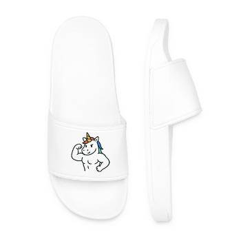 Strong Flexing Unicorn with Colorful Mane Art - Men’s Pool Sliders - white - Front