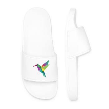 Colorful Origami Hummingbird Geometry Motif - Men’s Pool Sliders - white - Front