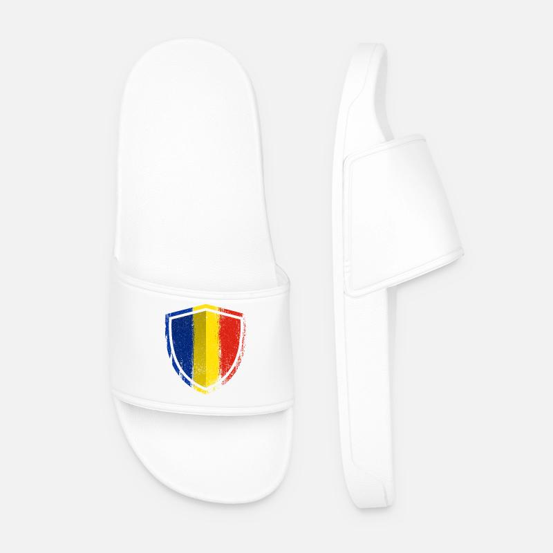 Distressed Blue Yellow Red Shield - Men’s Pool Sliders - white