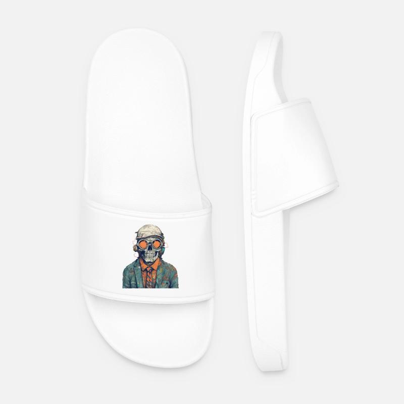 Cool skeleton portrait with sunglasses, cap - Men’s Pool Sliders - white