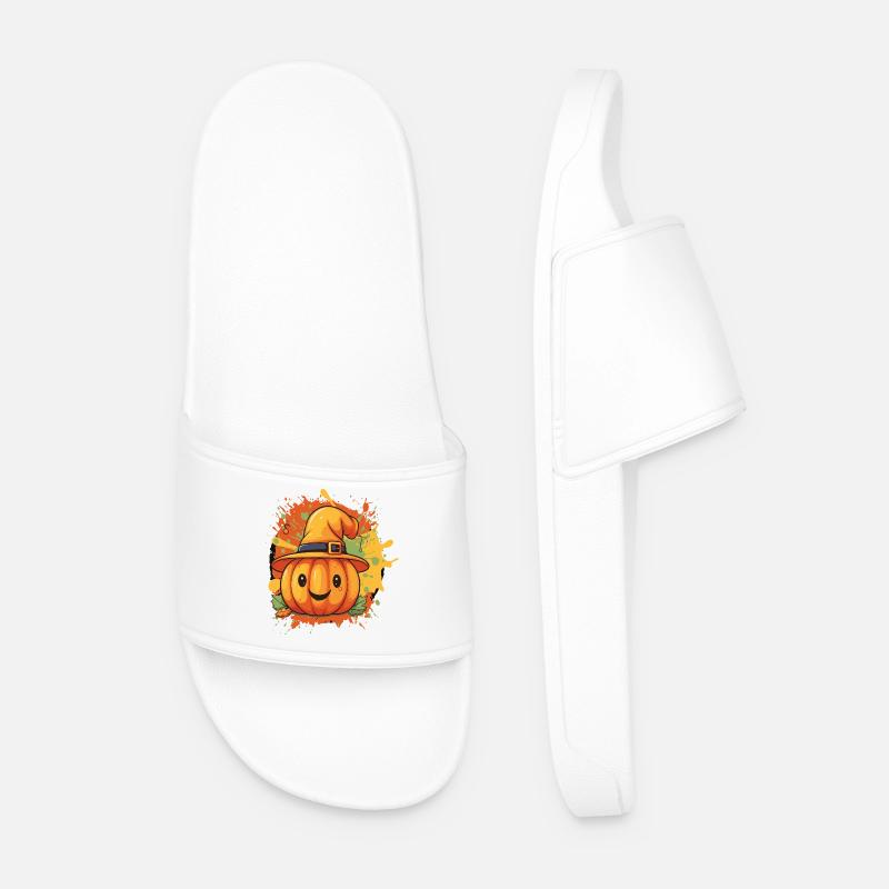 Pumpkin Witch Hat Fun Design - Men’s Pool Sliders - white
