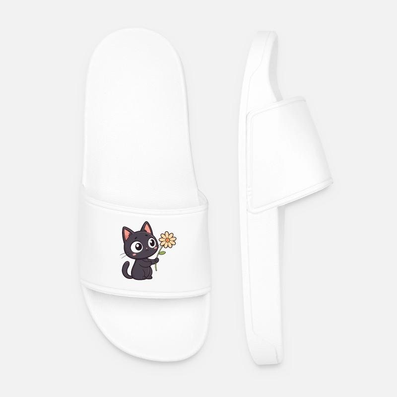 Kawaii Schwarze Katze und Gänseblümchen - Männer Badelatschen - Weiß