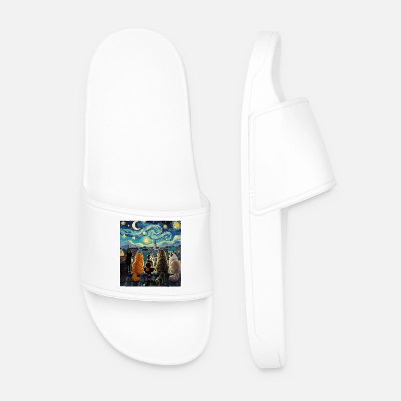 Cat Symphony Over Starry Rooftops - Men’s Pool Sliders - white
