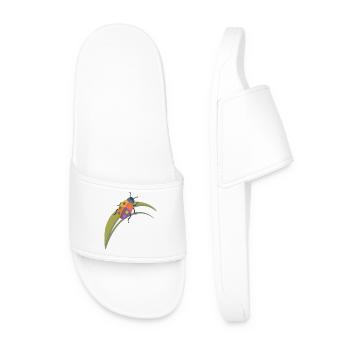 Colorful Insect on Leaf – Cute Nature Motif - Men’s Pool Sliders - white - Front