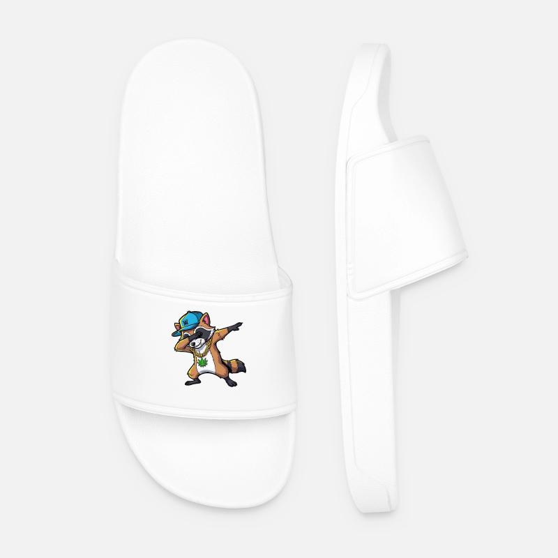 Dabbing Raccoon with Hemp Leaf - Men’s Pool Sliders - white
