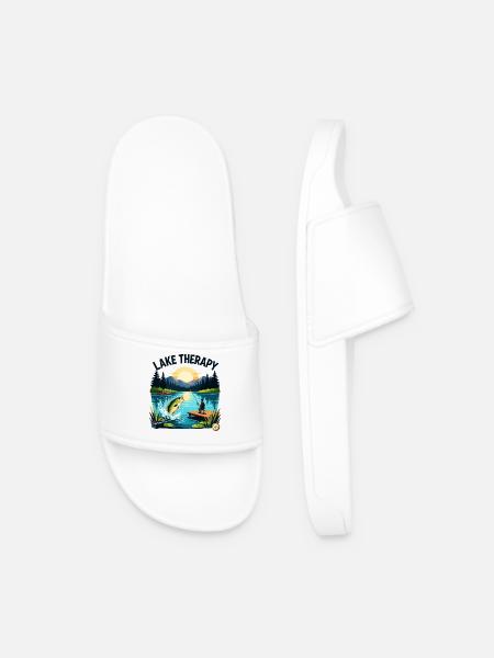 Lake Therapy Sunset Fishing - Men’s Pool Sliders - white