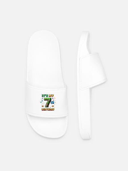 7th Birthday Kids Pixel - Men’s Pool Sliders - white