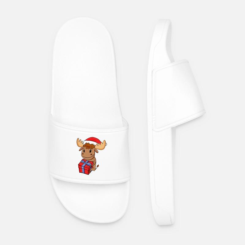 Christmas Moose Baby with Gift - Men’s Pool Sliders - white