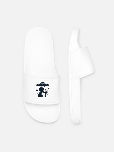 Alien Silhouette with Coffee & UFO - Men’s Pool Sliders - white