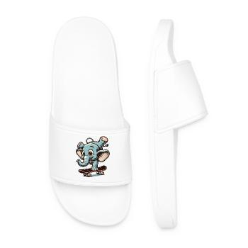 Blue Cartoon Elephant on the Skateboard - Men’s Pool Sliders - white - Front