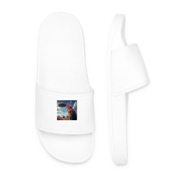 Rooster Chickens Selfie with UFOs, Weird Print - Men’s Pool Sliders - white - Front