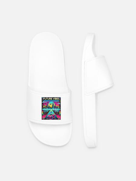Future Vibes - Futuristic Neon Cityscape - Men’s Pool Sliders - white