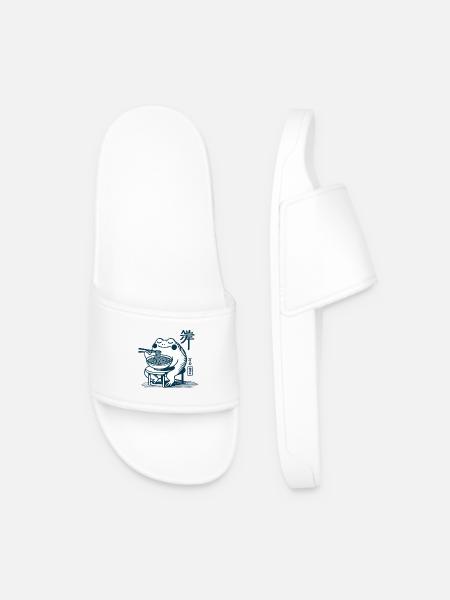 Kawaii Frog with Ramen Noodles Ukiyo-e Japanese - Men’s Pool Sliders - white