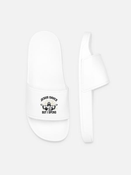 Jesus Saves But I Spend - Men’s Pool Sliders - white