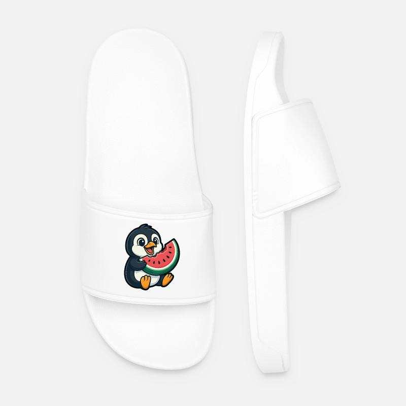 Penguin with Watermelon Summer Fruit - Men’s Pool Sliders - white
