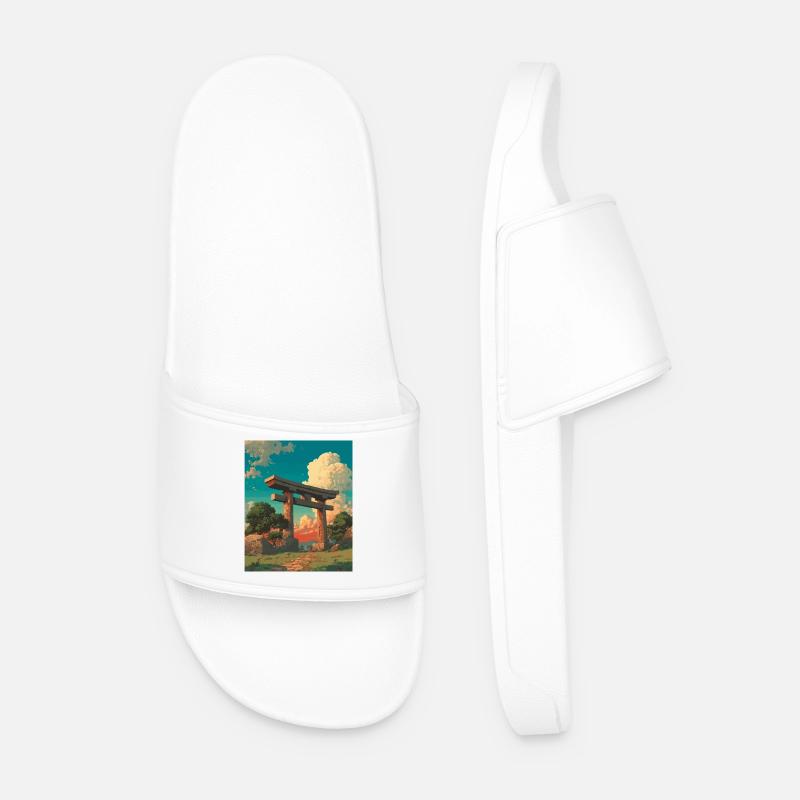 Sunset Behind Traditional Torii Gate - Men’s Pool Sliders - white