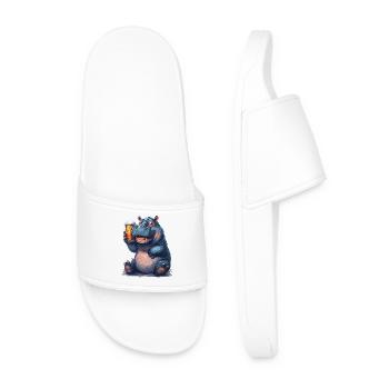 Hippopotamus with Beer Glass Cartoon Print - Men’s Pool Sliders - white - Front