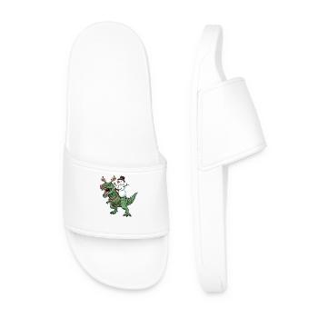 Snowman Rides T-Rex Funny Christmas Dino Sow - Men’s Pool Sliders - white - Front